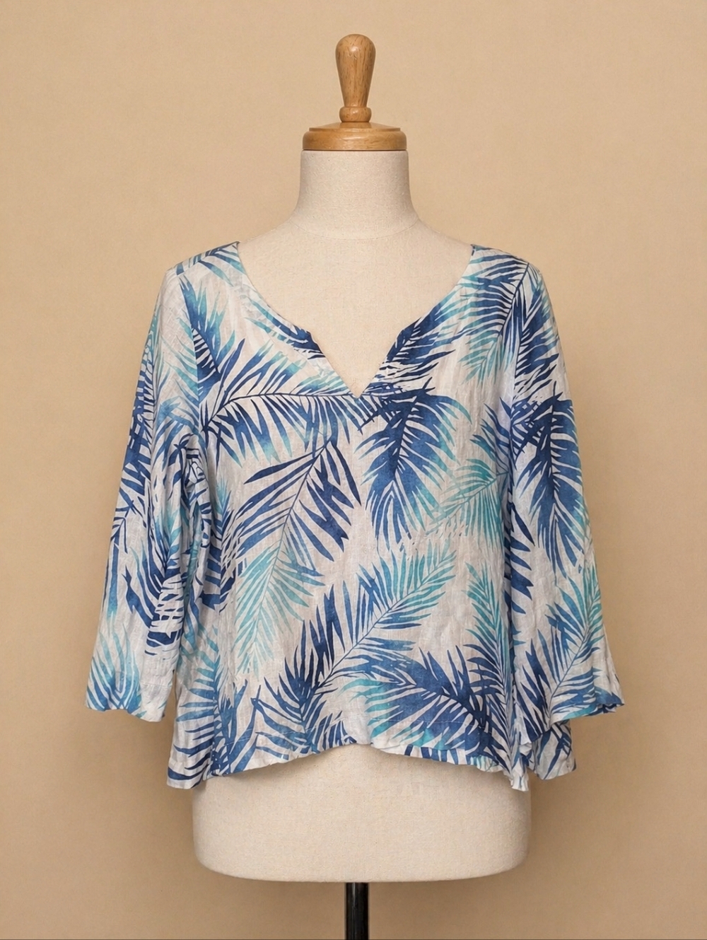 J.Jill Petite Medium Blue Tropical Palm Print Blouse Beach Vacation Coastal